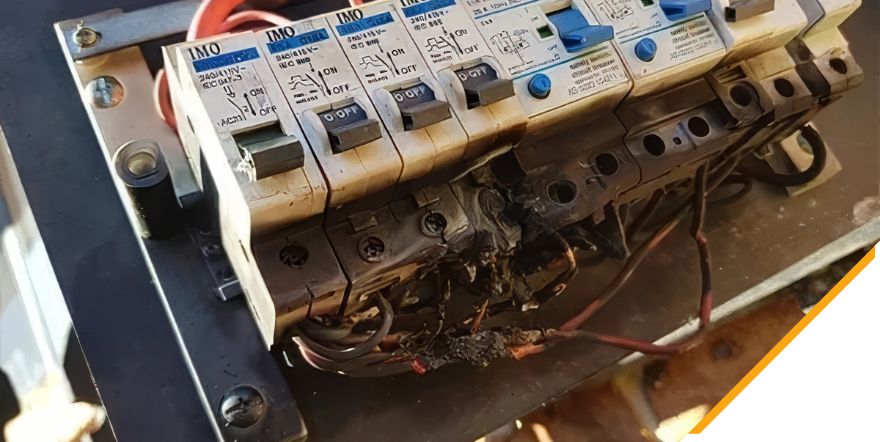 An overloaded circuit breaker board with a bad electrical fault