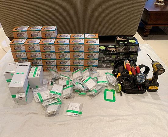 All parts and tools ready for a residential rewiring job